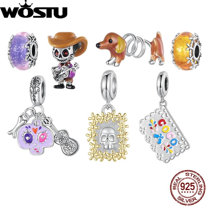 WOSTU 925 Sterling Silver Teschio Guitarrista Fascino Teschio Cornice per foto Ciondolo Bandiera Misura per le donne Bracciale Fai da te Gioielleria raffinata Regalo