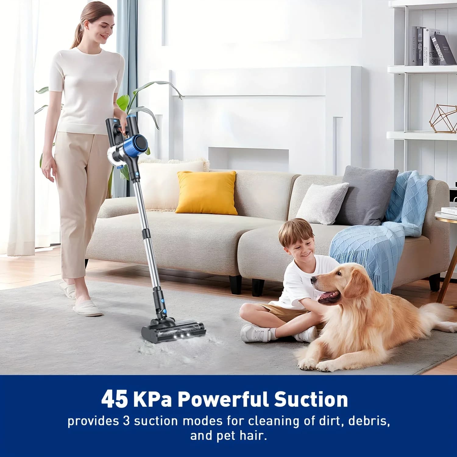 KEEHOME Aspirapolvere Senza Fili 8-in-1 Blu con Potente Aspirazione, Display LED, 3 Modalità, Anti-Groviglio, Leggero per Pavimenti Duri, Tappeti e Peli di Animali Domestici