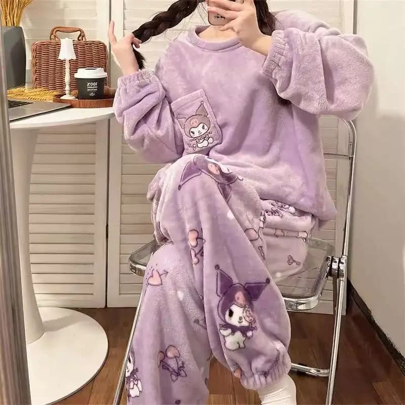 Sanrio Kuromi Pigiama Set Kawaii Donna Anime Flanella Pullover Corallo Velluto Inverno Cartoon Caldo Pigiama Vestito Homewear Ragazza Regali