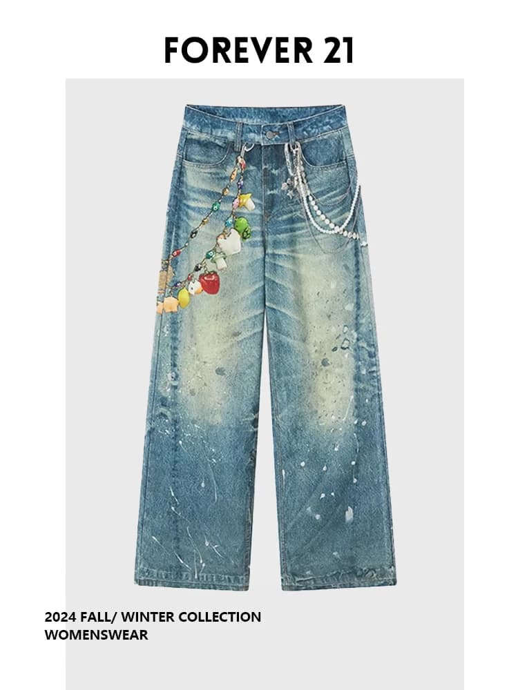 Jeans Forever 21 Blu con Catena e Stampa Sfumata, Pantaloni Lunghi alla Moda, Nuovo Stile Autunnale per Donna, Taglie Grandi