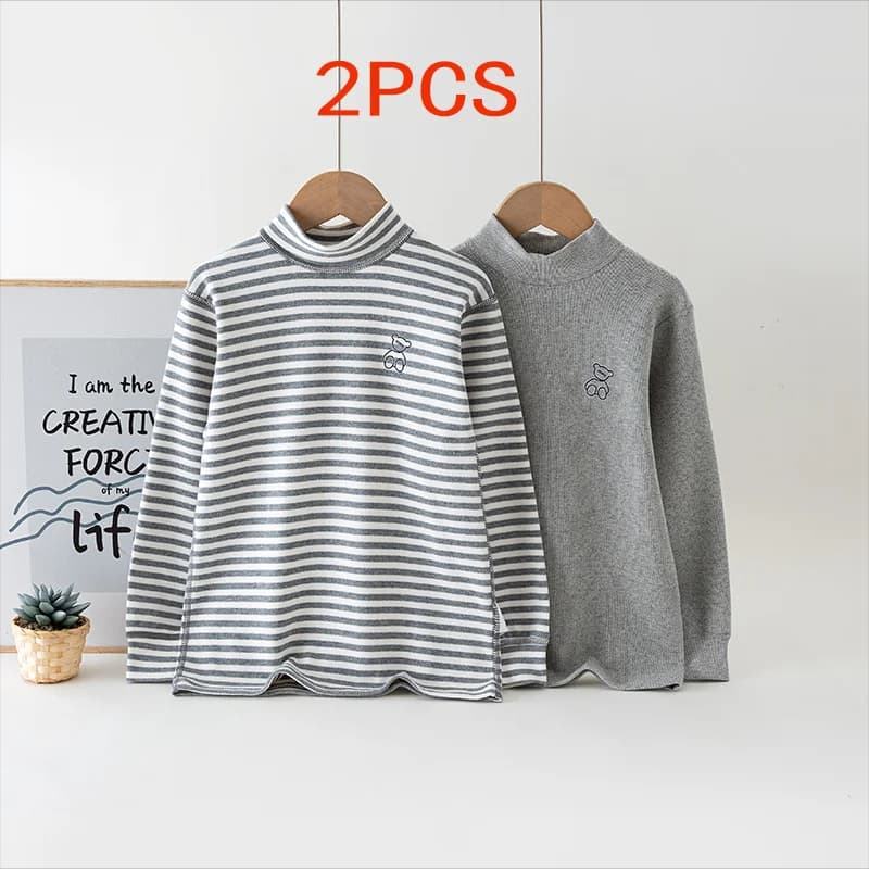 2PCS Autumn Winter Warm Boys'Clothes Unisex Underwear Children's Pajamas Lycra Cotton Long Sleeve Bottom Shirt Top Middle Neck