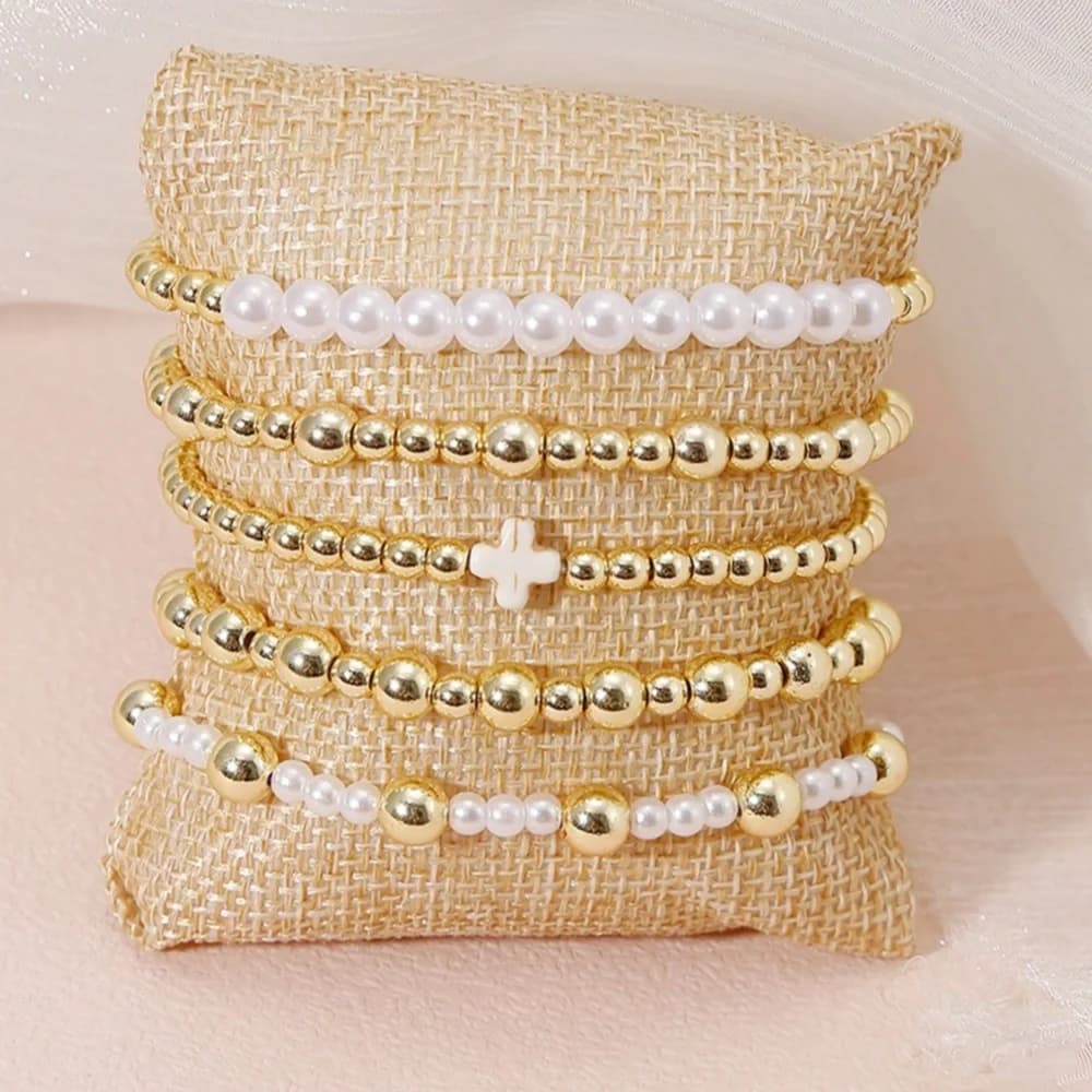 5 pcs/set Bohemia Gold Beads Bracelets For Women Artificial Pearls Stretchable Bead Ball Bracelet Cross Bracelet Gift Set