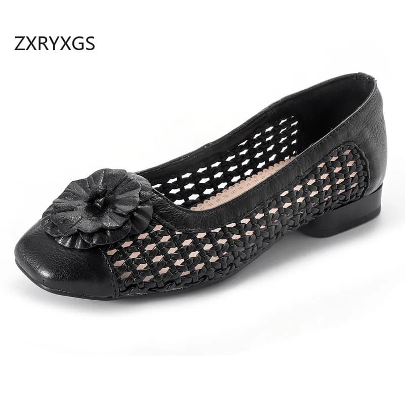 ZXRYXGS 2026 Nuovi Sandali Estivi con Punta Rotonda in Vera Pelle + Fiori Intrecciati, Traspiranti, Tacco Basso, Taglie Grandi, Sandali Moda Donna