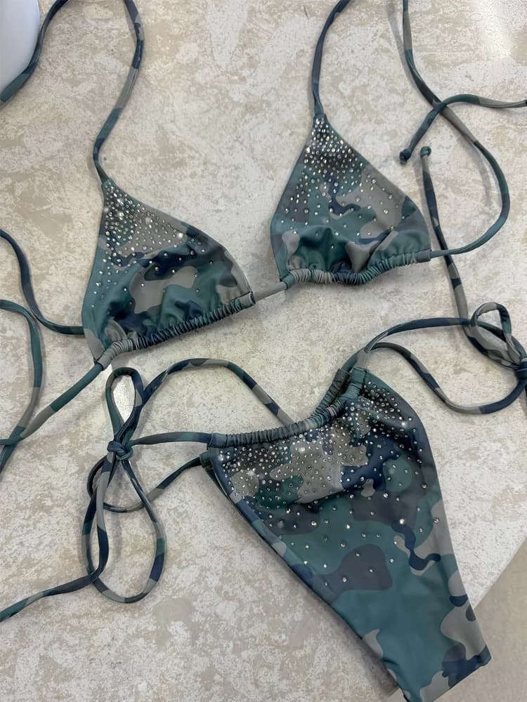 American retro camouflage hot diamond bikini set with lace up triangle cup, spicy girl beach vacation, summer sexy swimsuit