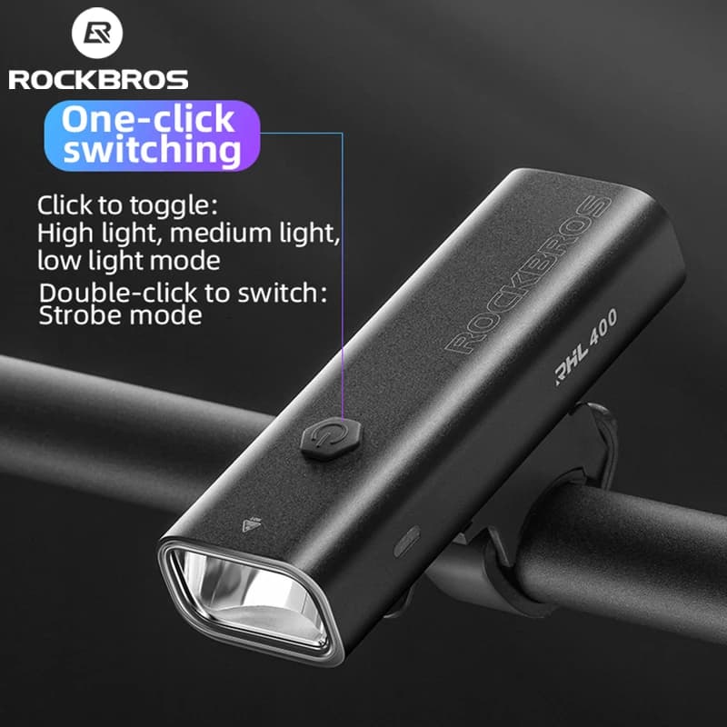ROCKBROS Luce per bicicletta Tipo-C Ricarica Luce per bici 2000mAh MTB Faro anteriore Lampada per torcia ultraleggera in alluminio Luce per ciclismo
