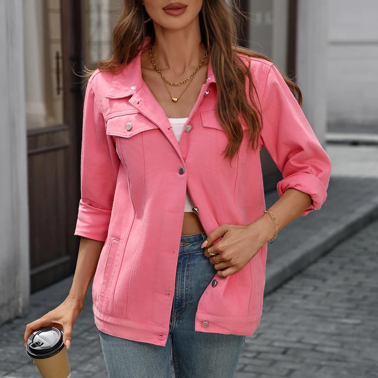Giacca Jeans Classica Vintage da Donna, Collezione Primavera Autunno 2026, 100% Cotone, Stile Giovanile, Maniche Lunghe