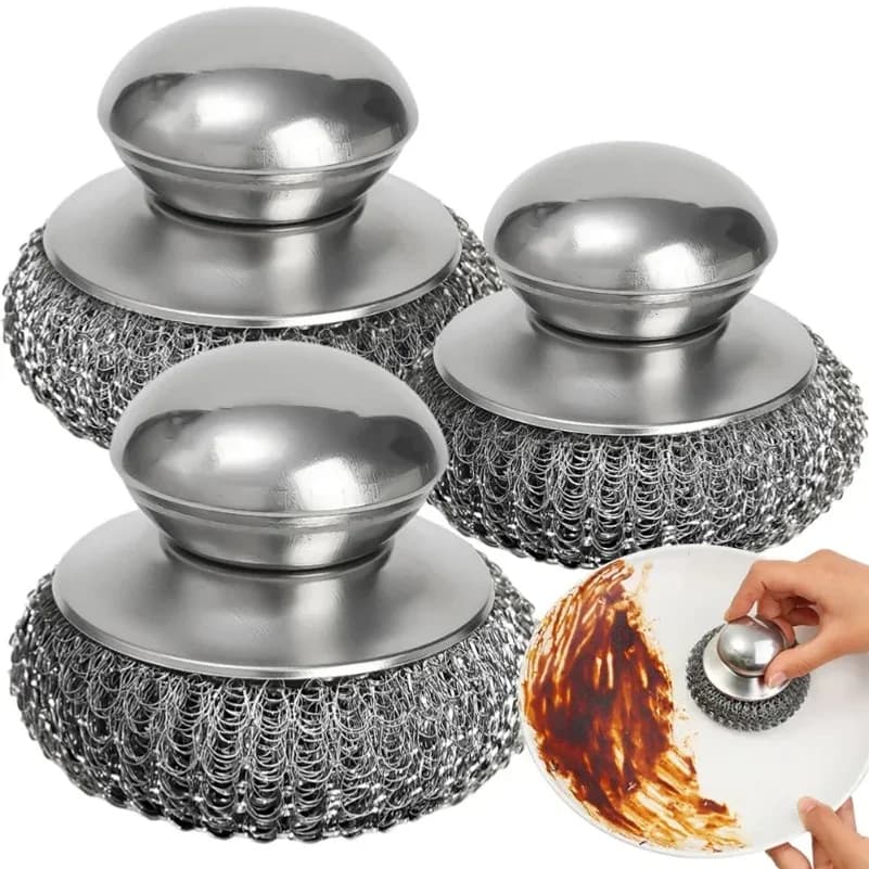 Stainless Steel Pot Brush with Handle And Robust Metal Ball Dishwashing Cleaner Metal Purifier for Kitchen - 1-10 Pieces