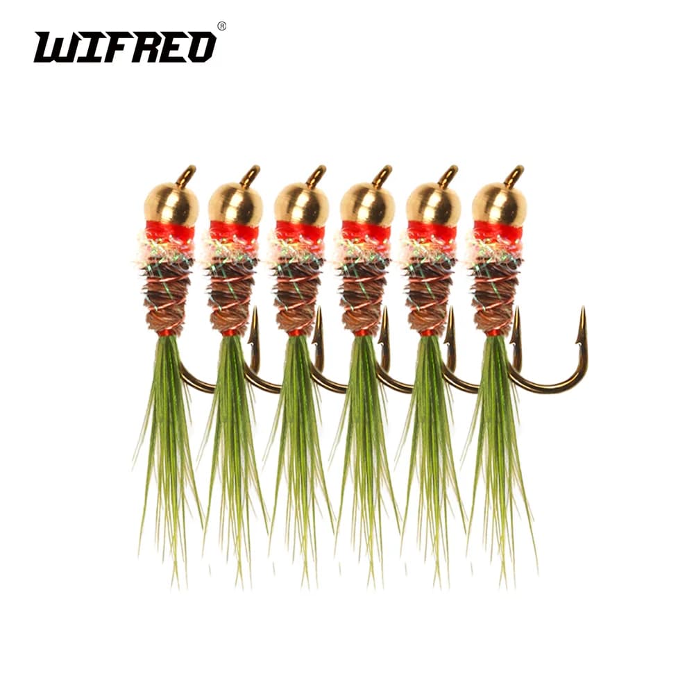 Wifreo 6 pezzi # 16 Testa di perline in ottone Frenchie Ninfa Pesca Mosche Euro Ninfi Spinato Mosca bagnata per trota Grayling Esche artificiali da pesca