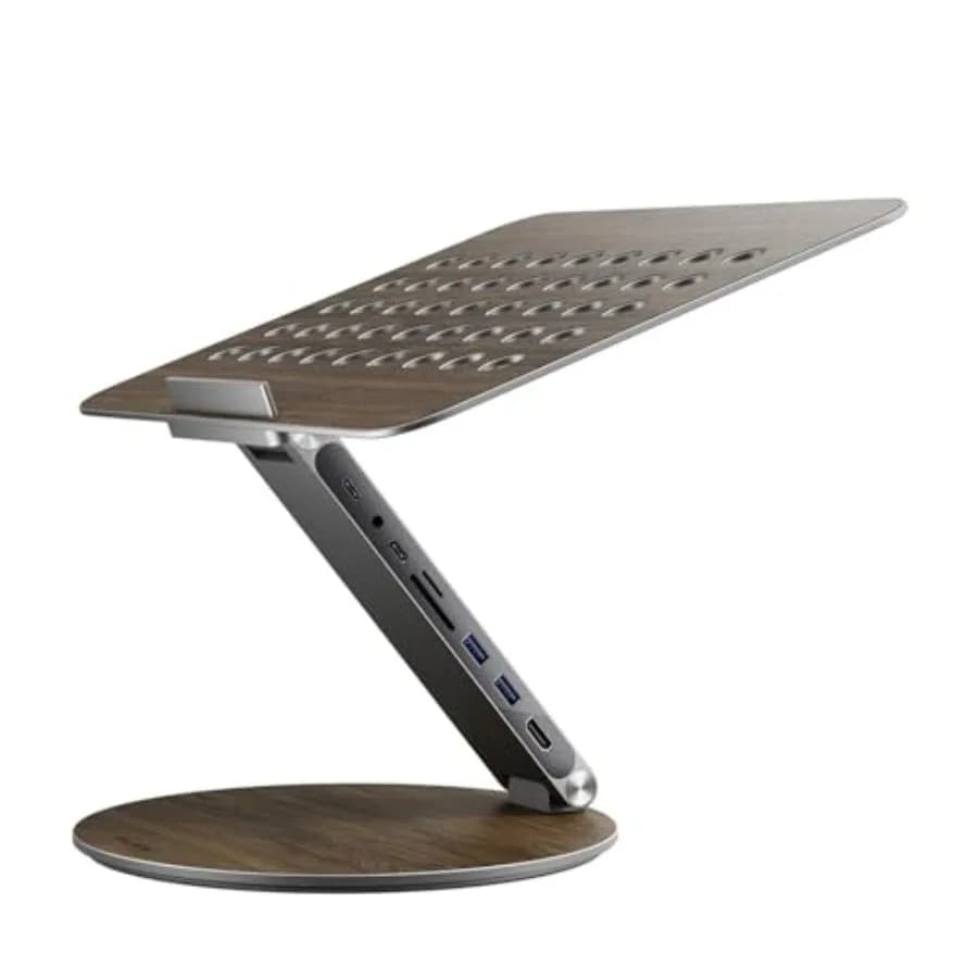 Adjustable Laptop Stand with 7-in-1 Hub, Foldable Portable Aluminum Laptop Riser with 360 Swivel Base for Desk, Ergonomic Compu