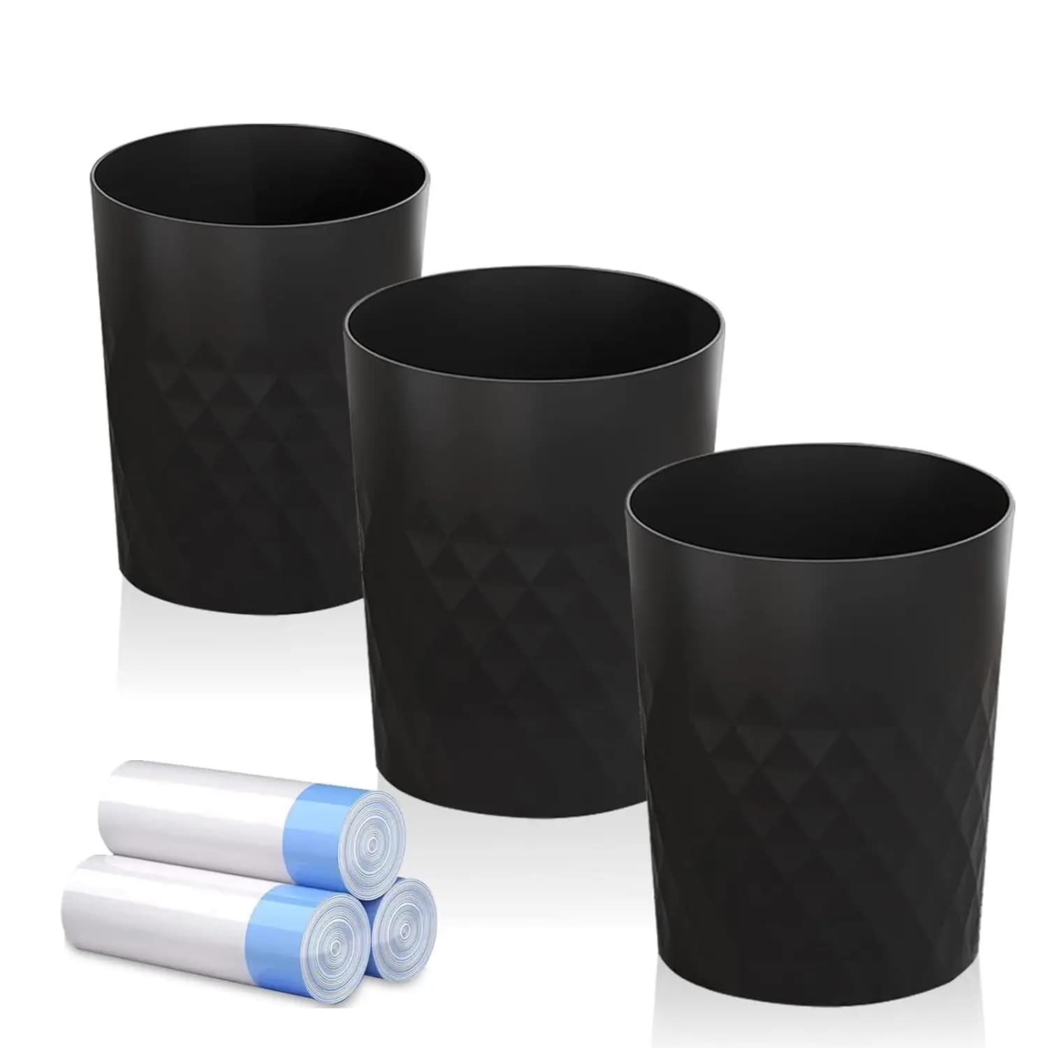Set di 3 Piccoli Cestini Rotondi con Sacchetti per Bagno, Cucina, Camera da Letto, Ufficio, Dormitorio, Sala Artigianato, Neri