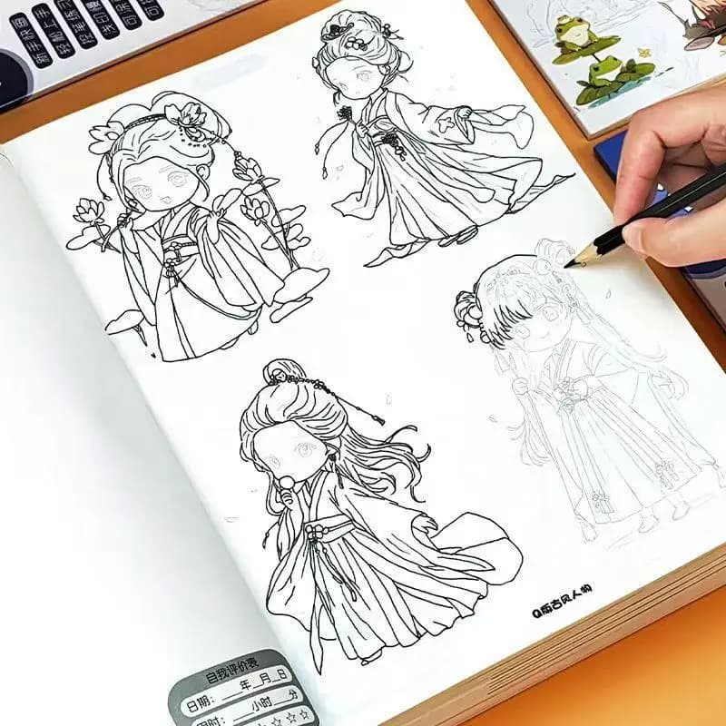 48-Page Q-Style Ancient Chinese Characters Tracing Book Easy Anime Sketch & Trace Workbook for Beginners with Coloring Reference