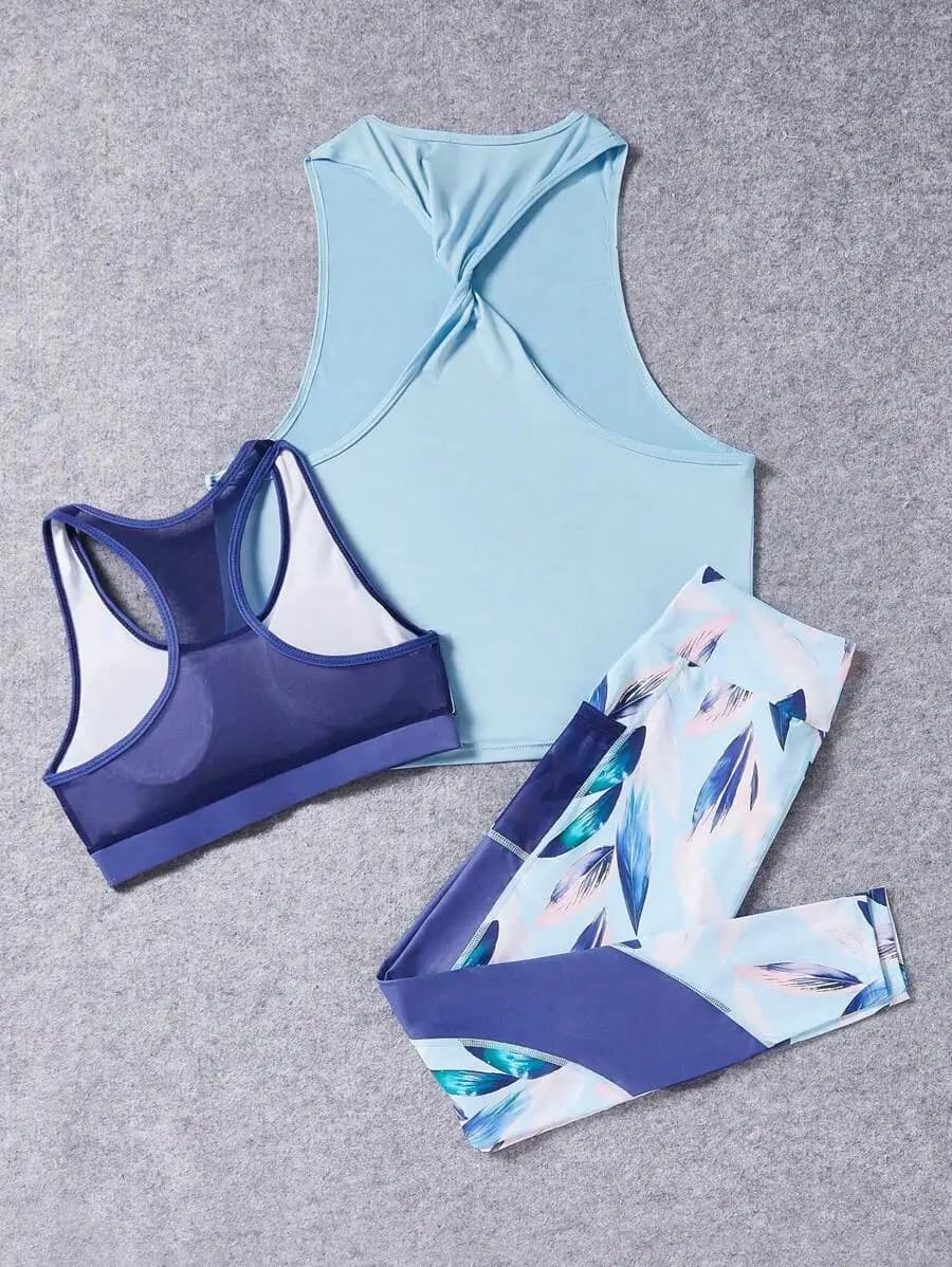 Set da allenamento da donna con reggiseno sportivo stampato a schiena incrociata, leggings a vita alta e top a canotta con schiena intrecciata