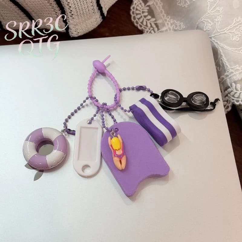 1PC Cute Purple Swimming Keychain With Mini Swim Ring Goggles Charms Perfect For Backpack Decoration Gift For Swimming Lovers