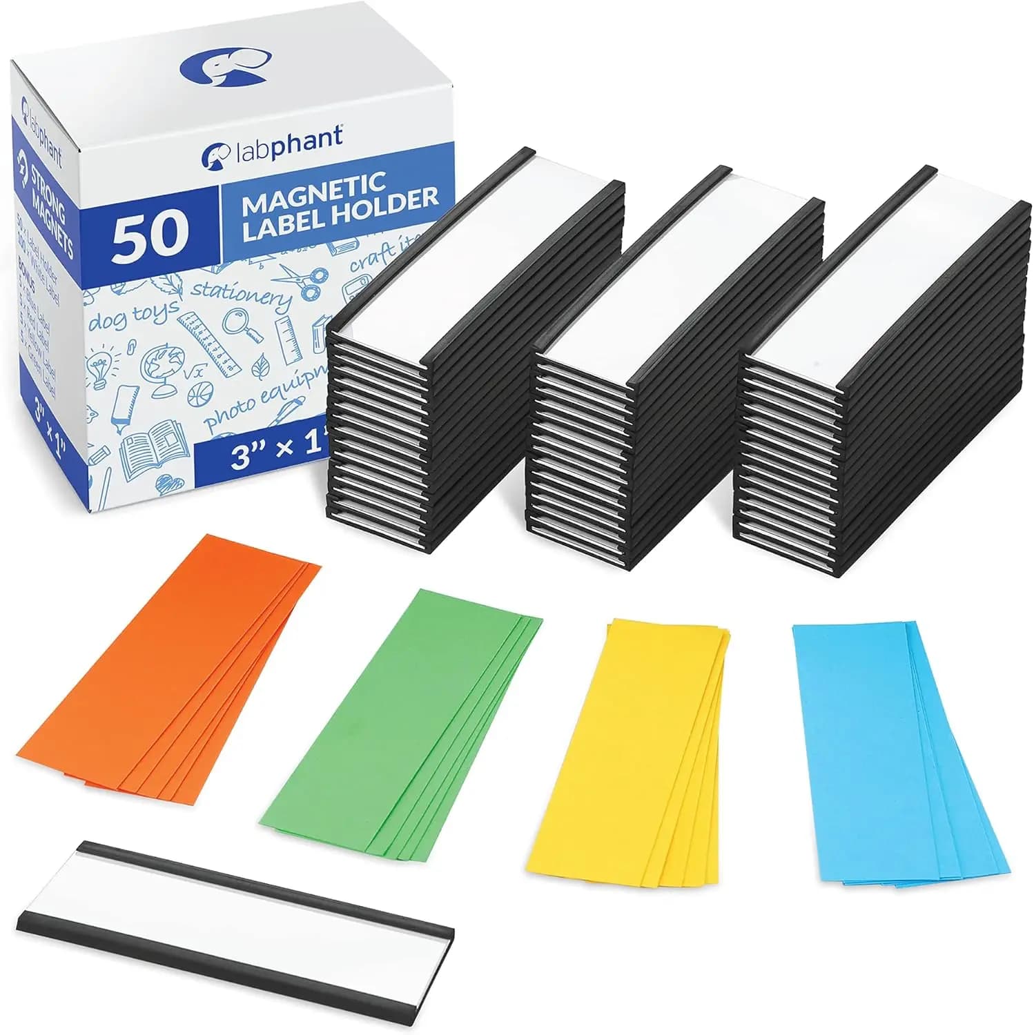 Portaetichette magnetici, confezione da 50, con 100 cartoncini bianchi, 50 protettori trasparenti, 20 inserti colorati per scaffali, cassetti, archiviazione
