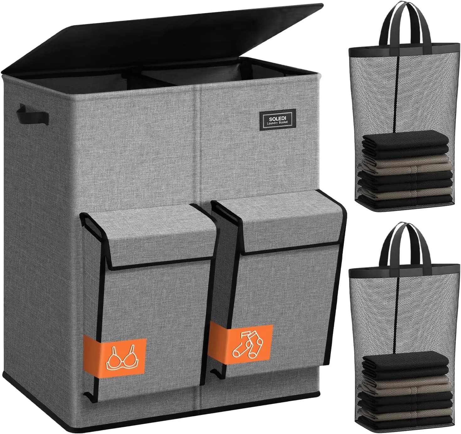 Double basket with lid, 180 litre large basket, 2 sections and side pockets, removable bag for easy transport
