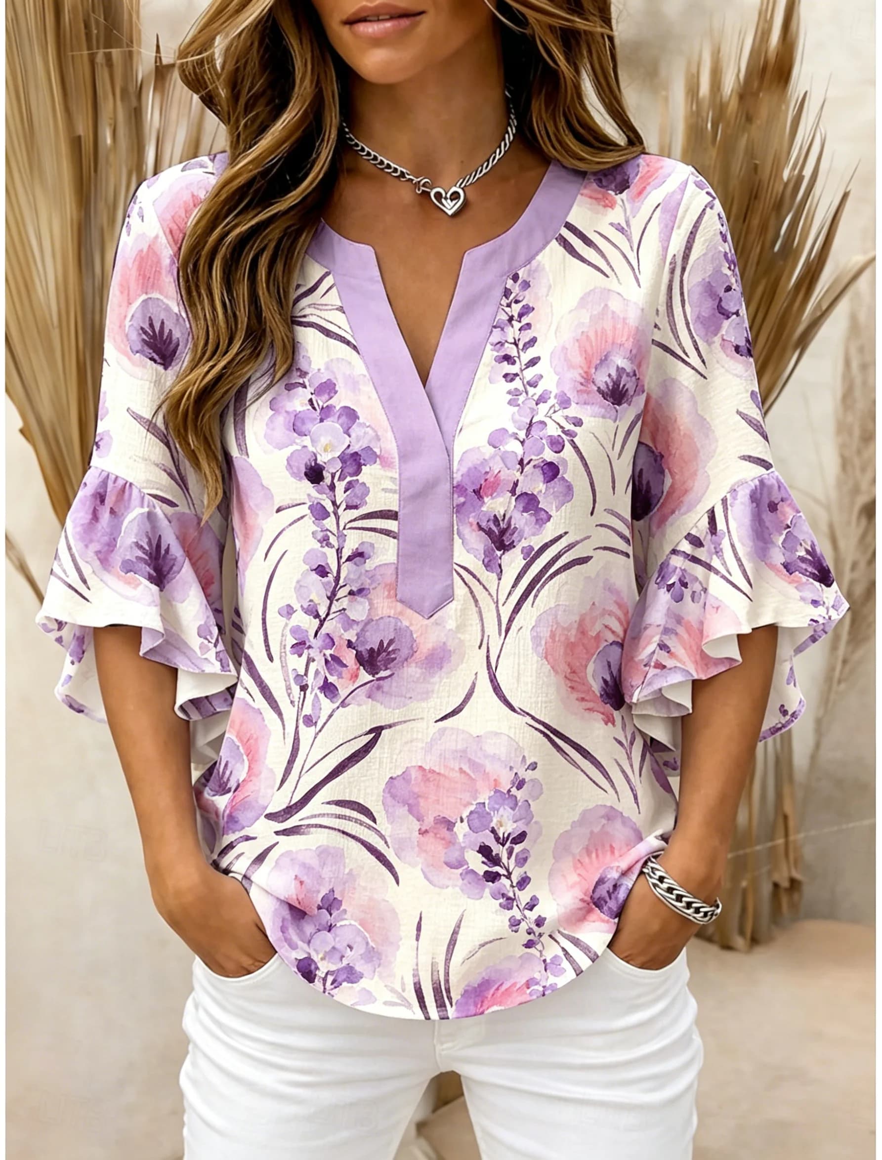 Women's Ruffle Sleeve Watercolor Floral Print V Neck Casual Blouse Elegant Daily Tops in Purple for Spring Summer