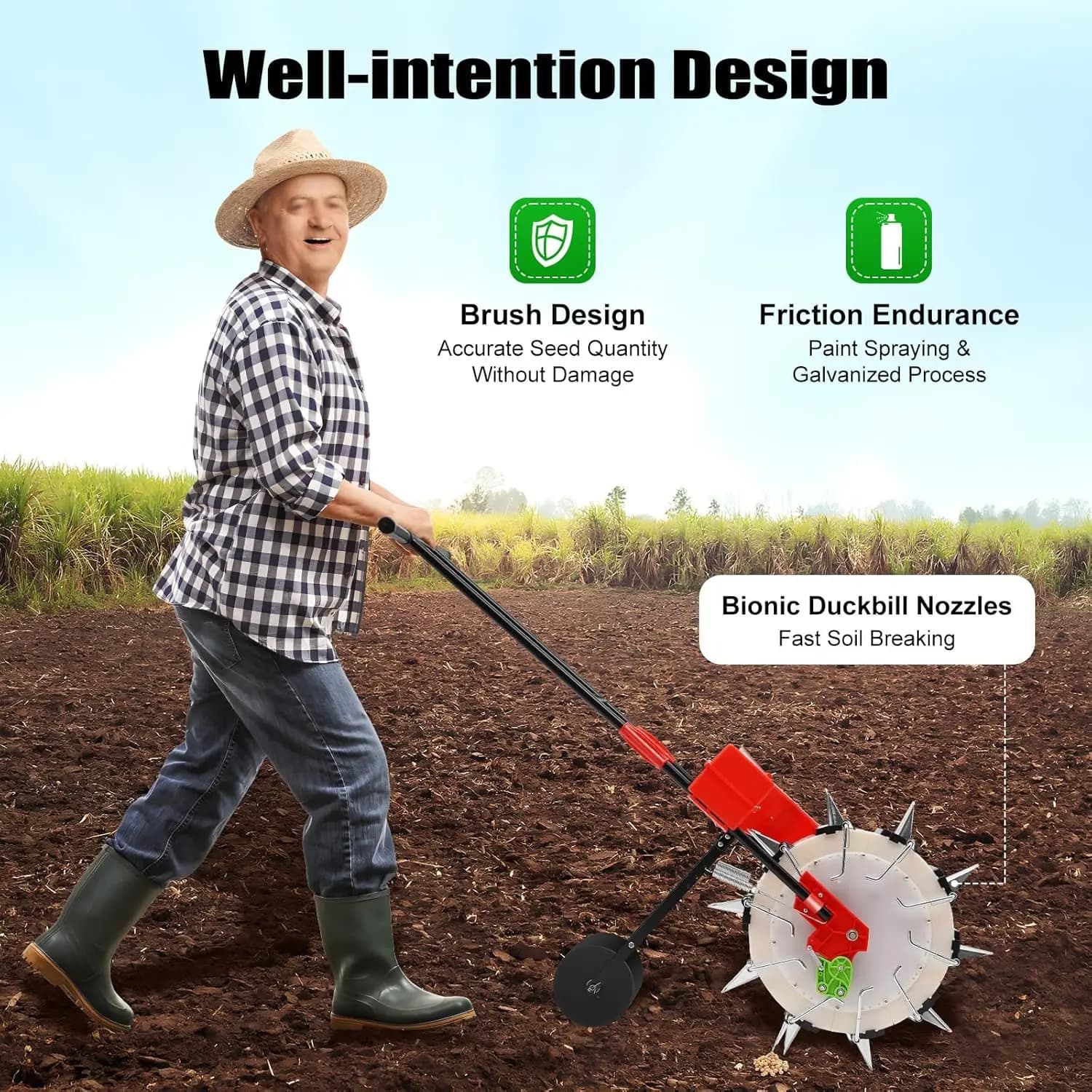 Hand-Push Roller Seeder, Metal Precision Manual Seed Planter, Walk-Behind Row Crop Planter with Storage Box, Garden Push Seeder