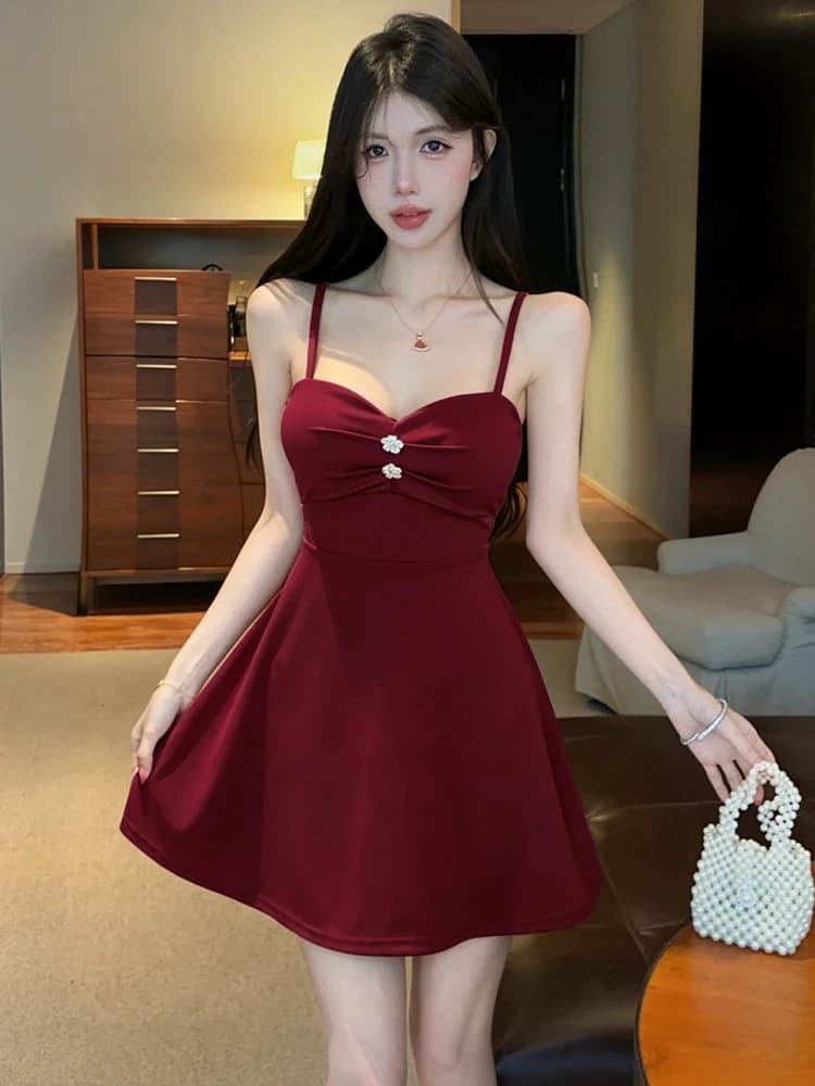 Sexy High Waist Slimming Sleeveless Dress V-Neck Low Chest Big Swing Strapless Gown Exposing Clavicle Retro Splice Style