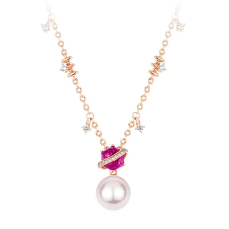 Bellux 925 Silver Champagne Gold Plated Pendant Synthetic Zircon Artificial Shell Pearl Elegant Rose Red Gemstone Necklace
