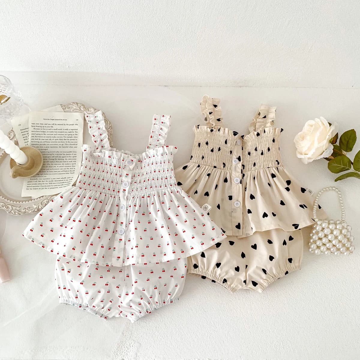 Summer Baby Girls Sets Cherry Heart Sling Tops with Shorts Baby Suits 0-2 Years Old Newborn Baby Clothes