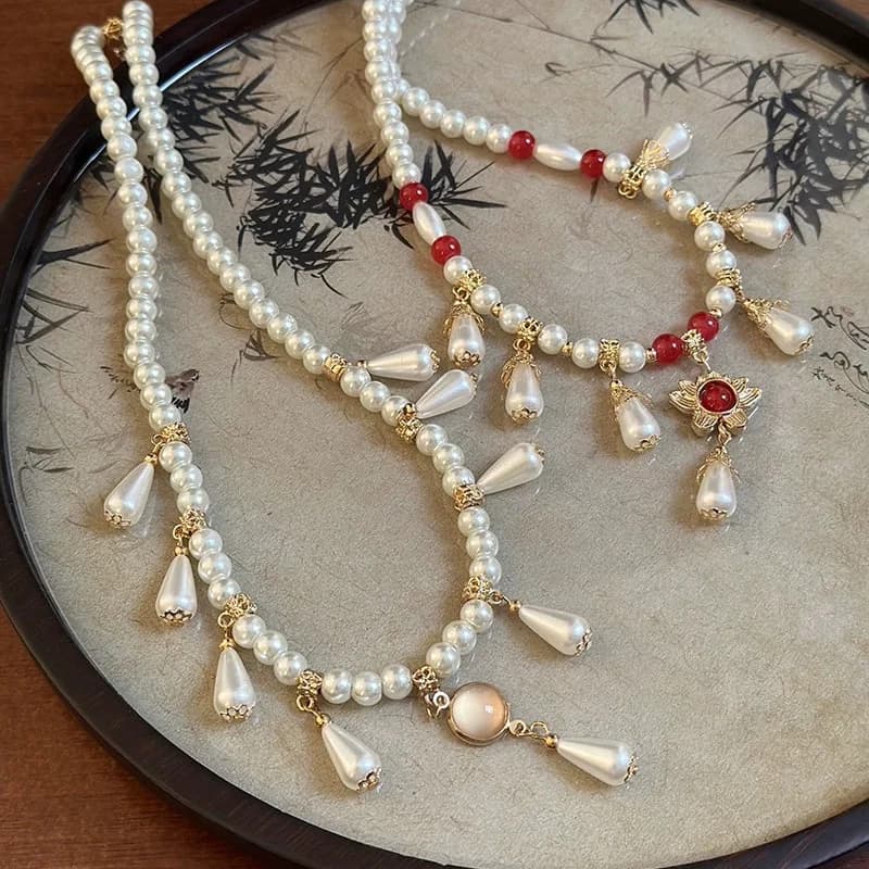 Collana Vintage con Fiori e Perle, Collana con Perle di Loto e Gemme, Accessori per Costume Cheongsam Cinese, Gioielli in Stile Palazzo