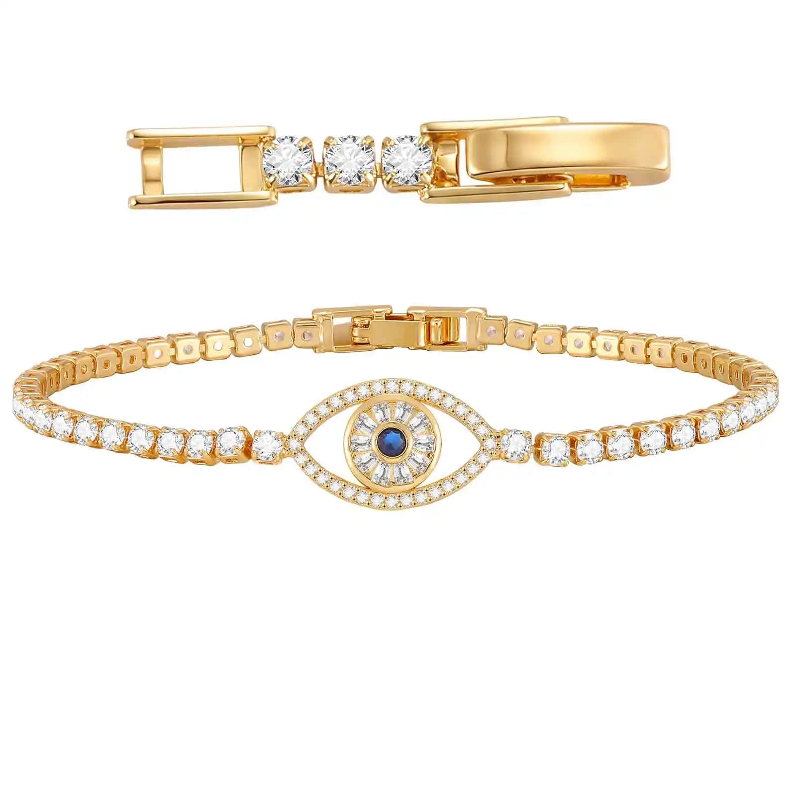 Vnox Classic Evil Blue Eye Zirconia Chain Bracelet for Women, Gold Plated Tennis Bracelet AAA Zirconia Lucky Bracelets Jewelry