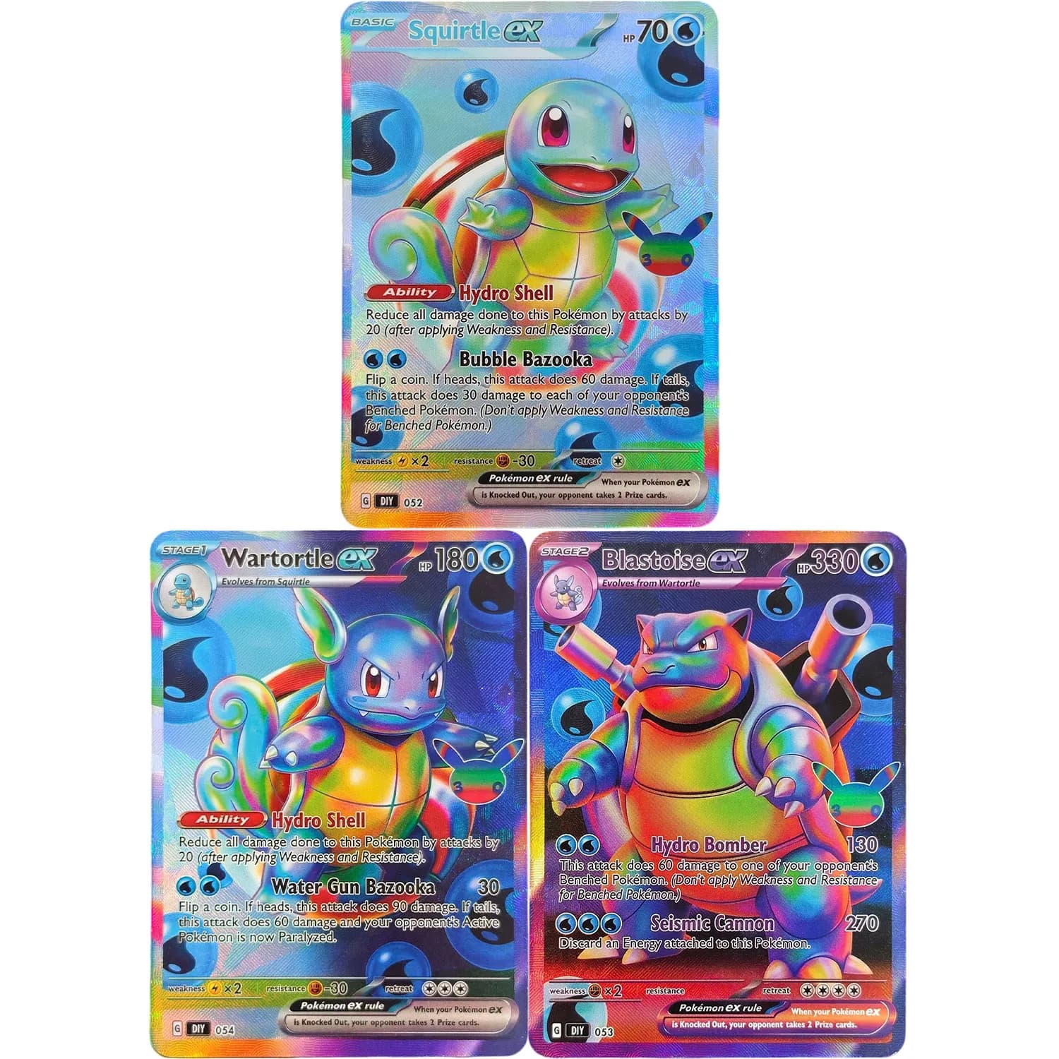 Homemade Pokemon PTCG English Squirtle Blastoise Wartortle 30th Celebration Futuristic Rare Gallery Style Game Card Toy