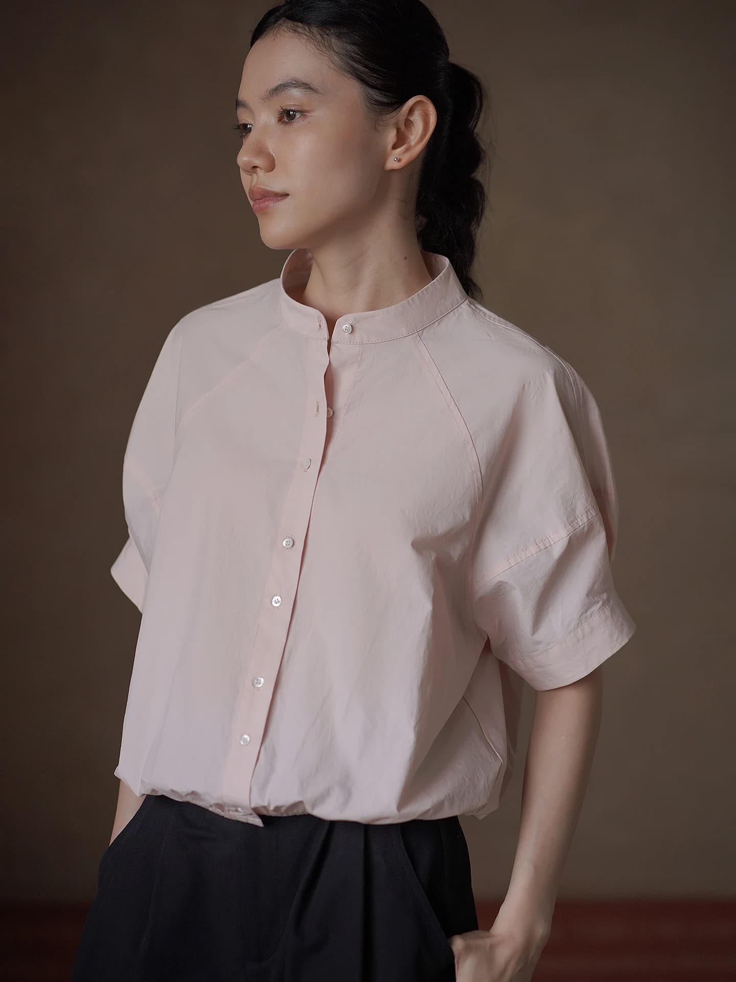 Hacikis Miss Crystal Pink Cotton 100% Commute Shirt Loose Short Sleeve Stand Collar Slimming Straight Cut Summer T-Shirt