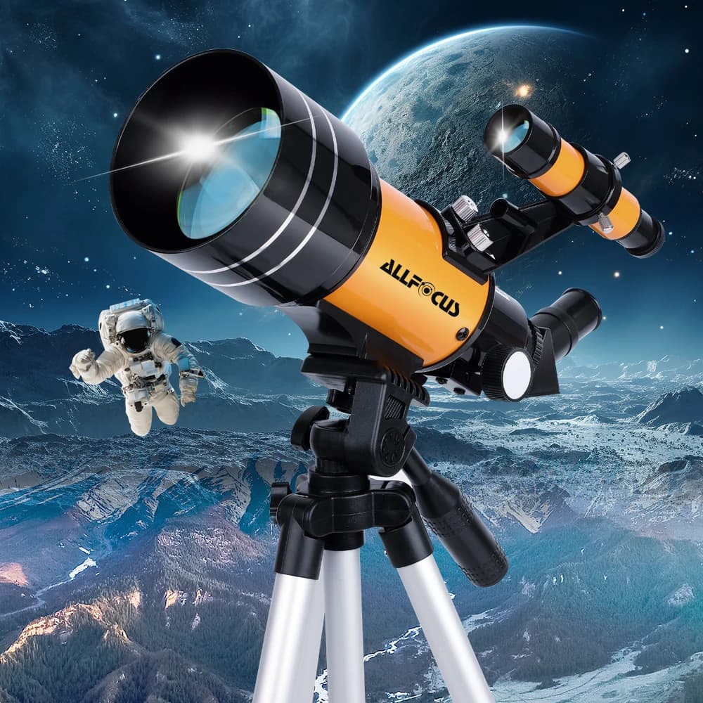 Telescopio astronomico ALLFOCUS 150X, telescopio da viaggio portatile rifrattore con apertura da 70mm con adattatore per telefono e telecomando Wireless