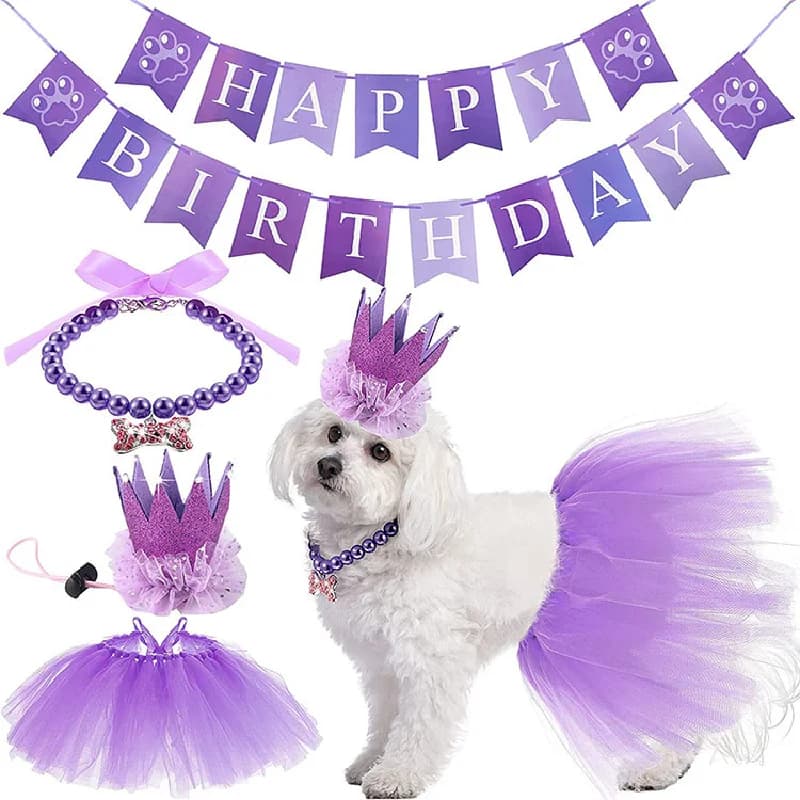 Decorazioni per Feste di Compleanno per Animali Domestici, Set Rosa con Vestito, Corona, Papillon e Collana con Numero per Cagnoline e Gattini