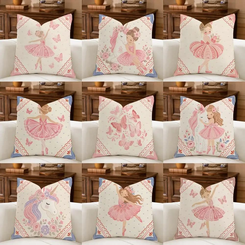 Pink Ballerina Girl Unicorn Butterfly Cushion Cover Natural Breathable Durable Linen Printed Decor Pillow Case Sofa Bedroom