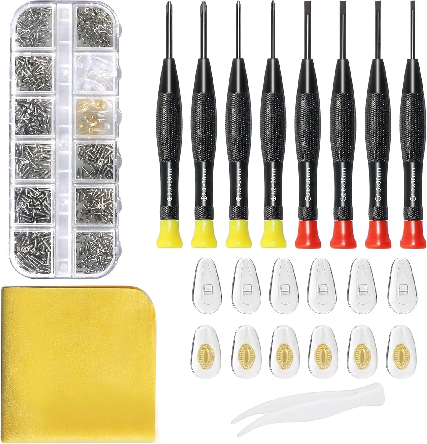 Kit Completo per Riparazione Occhiali: Cacciavite, Cuscinetti Nasali, Pinzette, Panno per la Pulizia