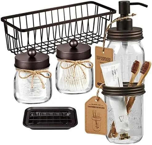 Set da Bagno SheeChung 6 Pezzi in Stile Mason Jar - Arredamento Rustico con Portaspazzolino, Dispenser Sapone e Altro