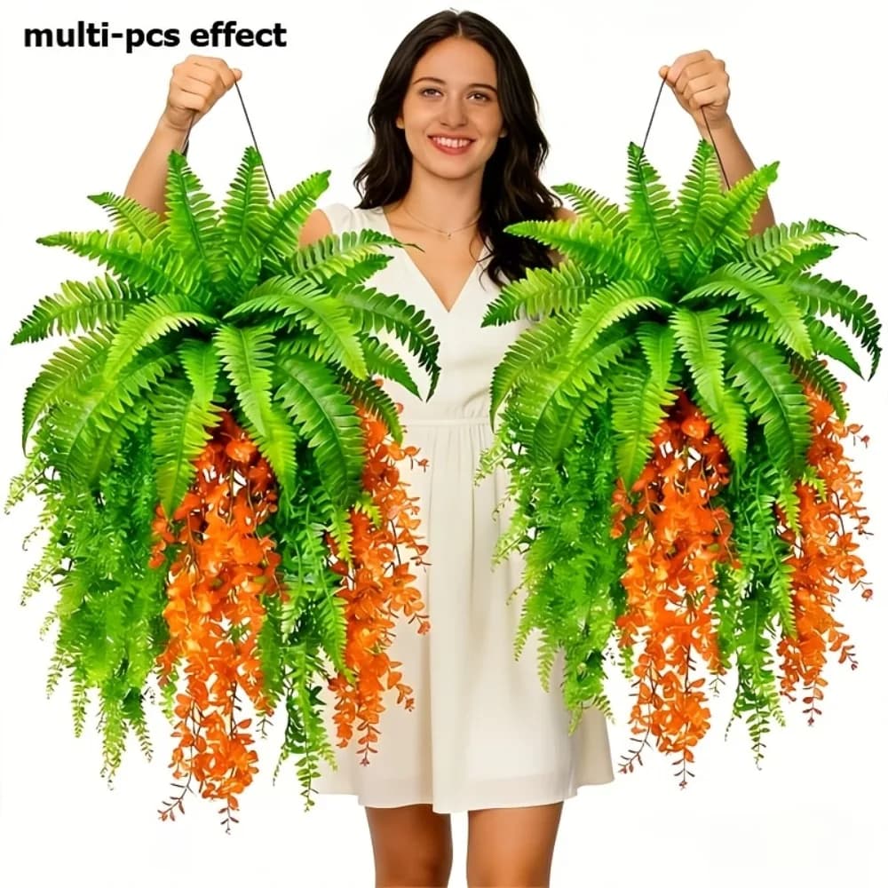5PC Artificial Persian Fern Eucalyptus Violet Combination Sets Vivid and Realistic Green and Orange Green Plant Shrubs Garden