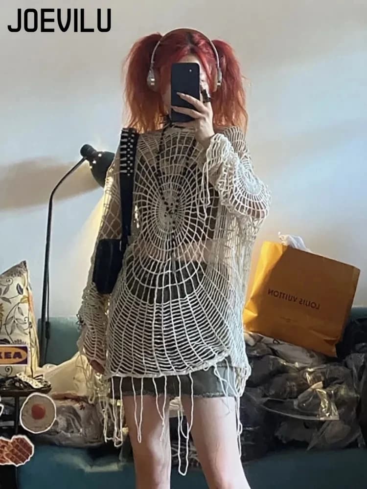 JOEVILU Maglia cava con cappuccio Top da donna Goth Spider Web Maglioni Donna Coreana Moda Rete da pesca Camicette Ragazze Maglia Pullover
