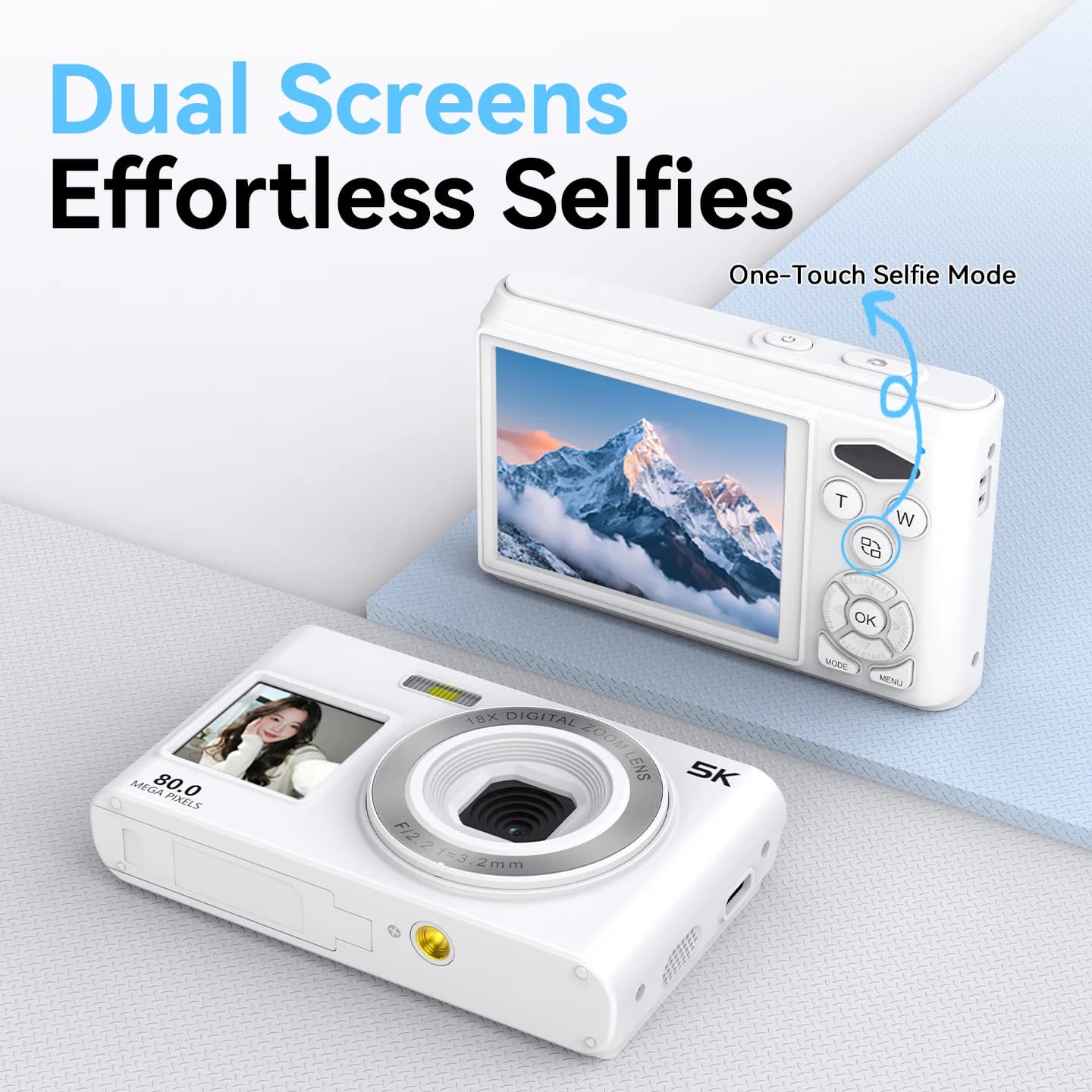 Fotocamera Digitale Selfie 18X 80MP Videocamera Vlog 5K con Doppio Schermo 2.8\" e 1.4\" Anteriore e Posteriore, Fotocamera AF, Registratore Video, Webcam per Livestreaming