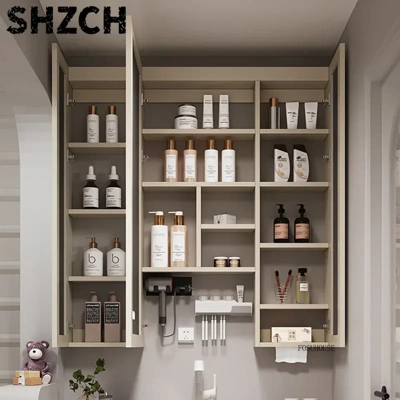 Modern Thickened Bathroom Mirror Featuring Integrated Smart Storage Cabinet Luxurious Wooden Vanity Design Convenient for Home