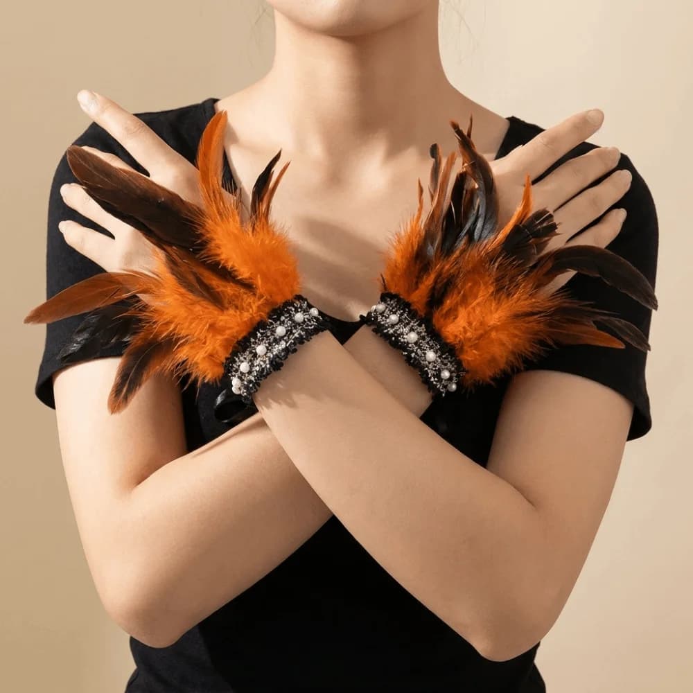 Elegant Lace Feather Wrist Cuffs Adjustable Lightweight Plume Bracelet Gloves Fluffy Halloween Arm Cuff Costume Prop