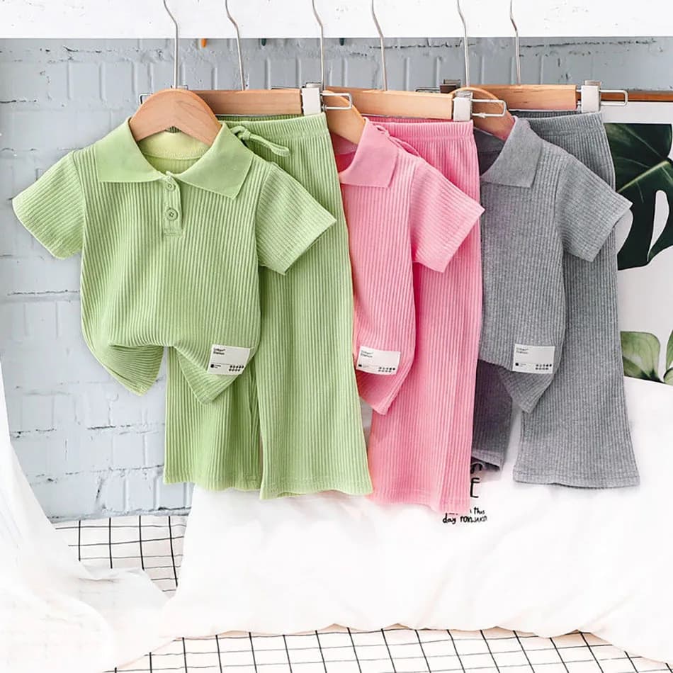 Girls Fashion Set Summer Ribbed Short Sleeve Tee Tops Pants Children Sport Two Piece Clothing Set Solid Color Children Outfit