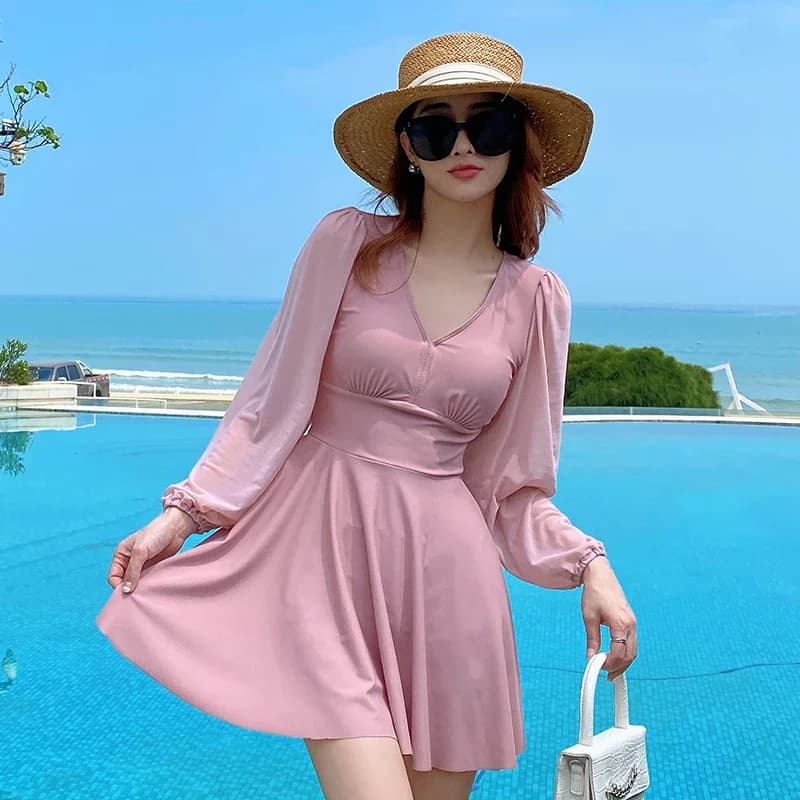 Costumi da bagno Donna Costumi da bagno taglie forti Gonna 2 pezzi Giappone Rosa Costume da bagno solido Boyshorts Manica lunga Costume da bagno modesto 5XL