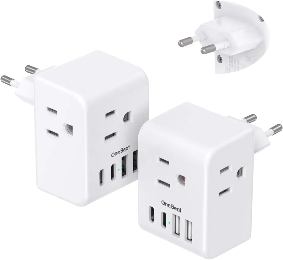 Adattatore da Viaggio EU 2-in-1 con 3 Prese e 4 Porte USB (2 USB-C) per Paesi Europei