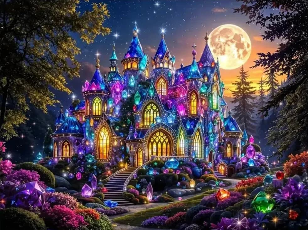 Magical Crystal Castle Full Moon Night Art 5D DIY Diamond Painting Kit Full Drill Mosaic Cross Stitch Handmade Home Wall Decor