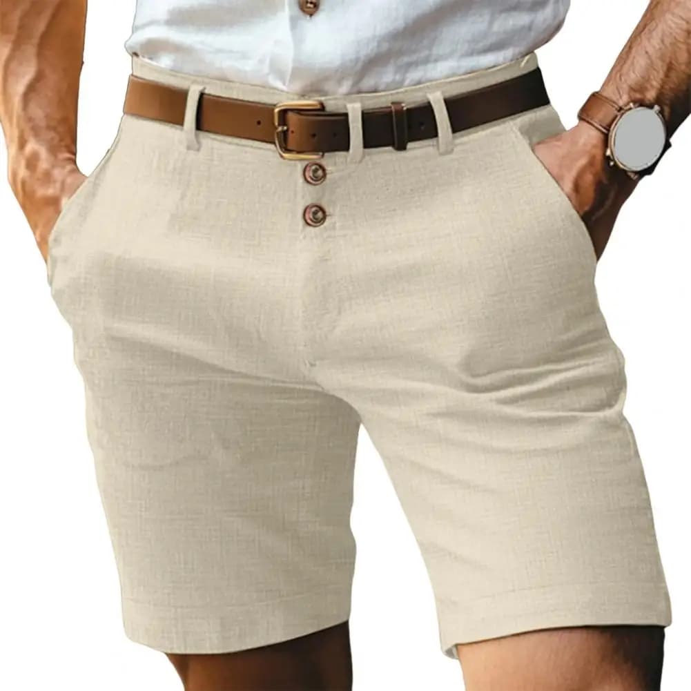 Pantaloncini da uomo Bottoni a vita media Cerniera Pantaloncini tinta unita con tasche Gamba dritta Pantaloncini casual estivi Pantaloncini cargo maschili in lino