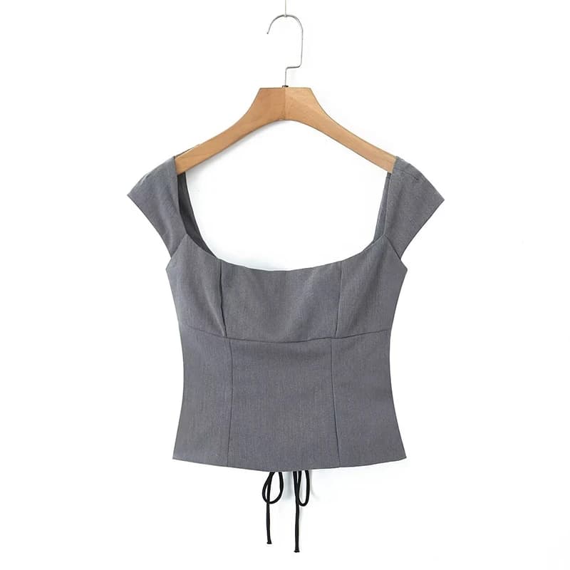 YENKYE Y2K donne Lace Up fasciatura posteriore grigio Crop Top manica corta collo quadrato signore Sexy Chic Top