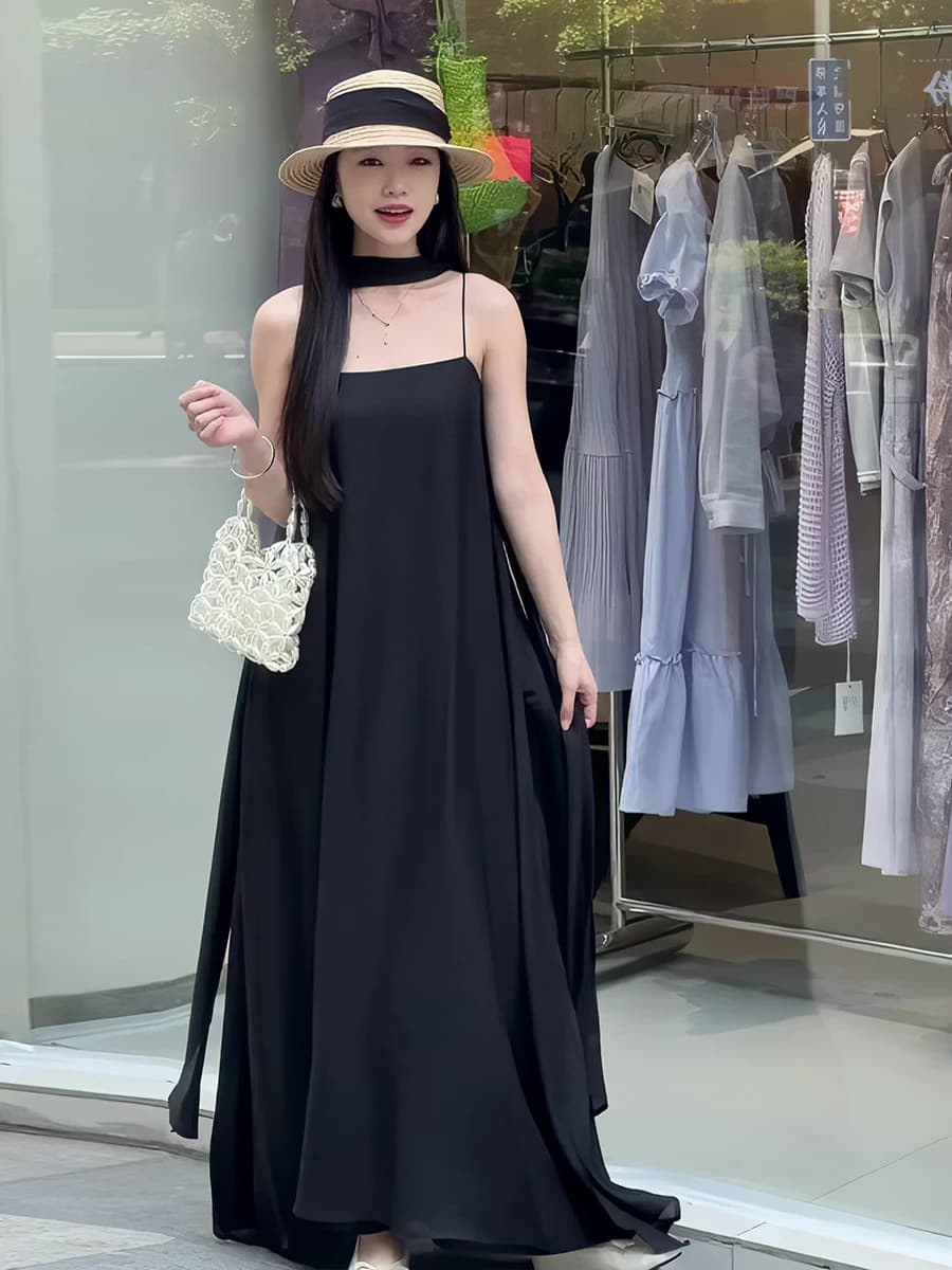 Black One-Shoulder Sash Women's Dress Summer New Style Slim Fit Sleeveless Commute Elegant Versatile Strap Dress