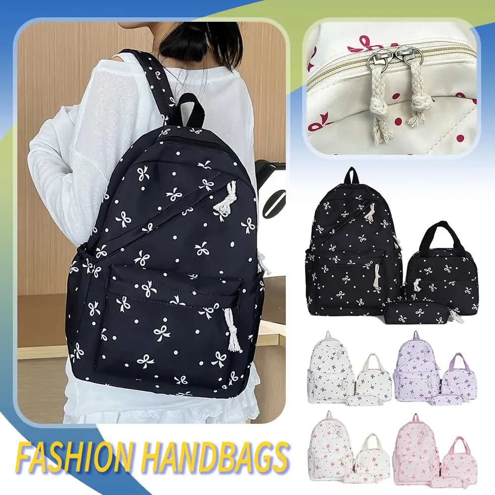 3-in-1 Bow Tie College School Backpack with Lunch Bag Pencil Case School Backpack Set Student Backpack for Girls Student
