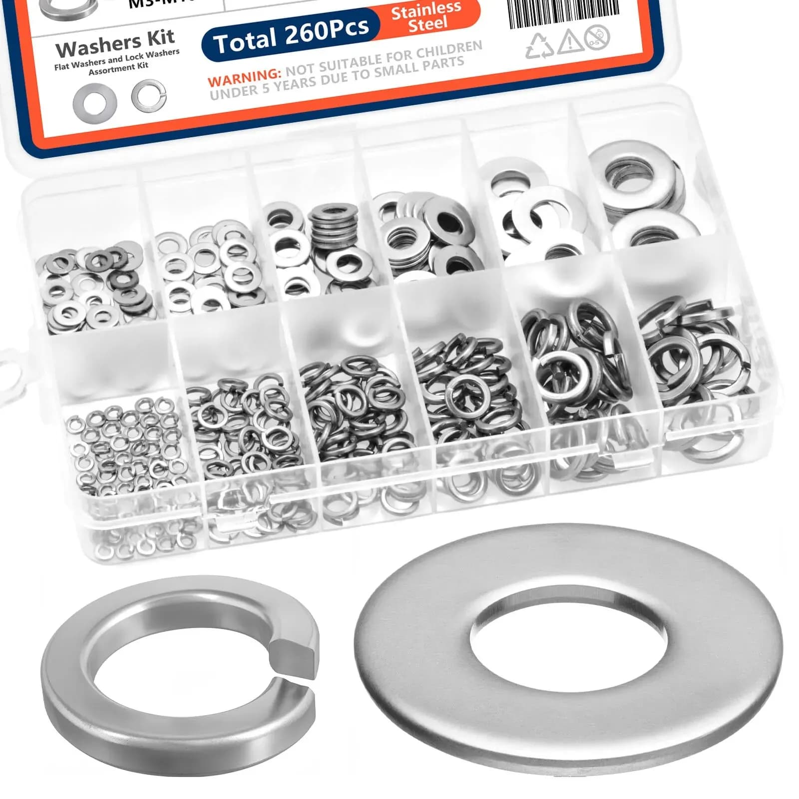 Assorted 260 Pieces of Blocking Washers and Stainless Steel Plates M3 M4 M5 M6 M8 M10