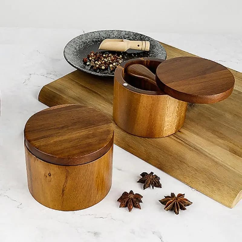 Salt Seasoning Jars Pepper Jar Wood Condiment Box Bowl Storage Pot Set Wood Sugar Container Holder Lid Function Multi Bowls