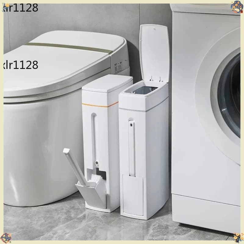 Cestino per Bagno 2-in-1 con Scopino, Coperchio a Pressione per Spazi Stretti, per WC Domestico