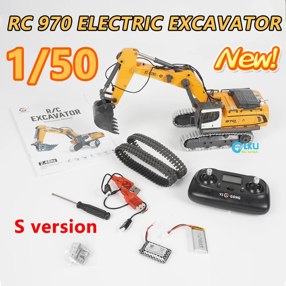Giocattolo da costruzione RC modello di escavatore pressofuso in scala 1/50 970 360 ° rotazione binari metallici bracci mobili regalo per ragazzi e collezionisti